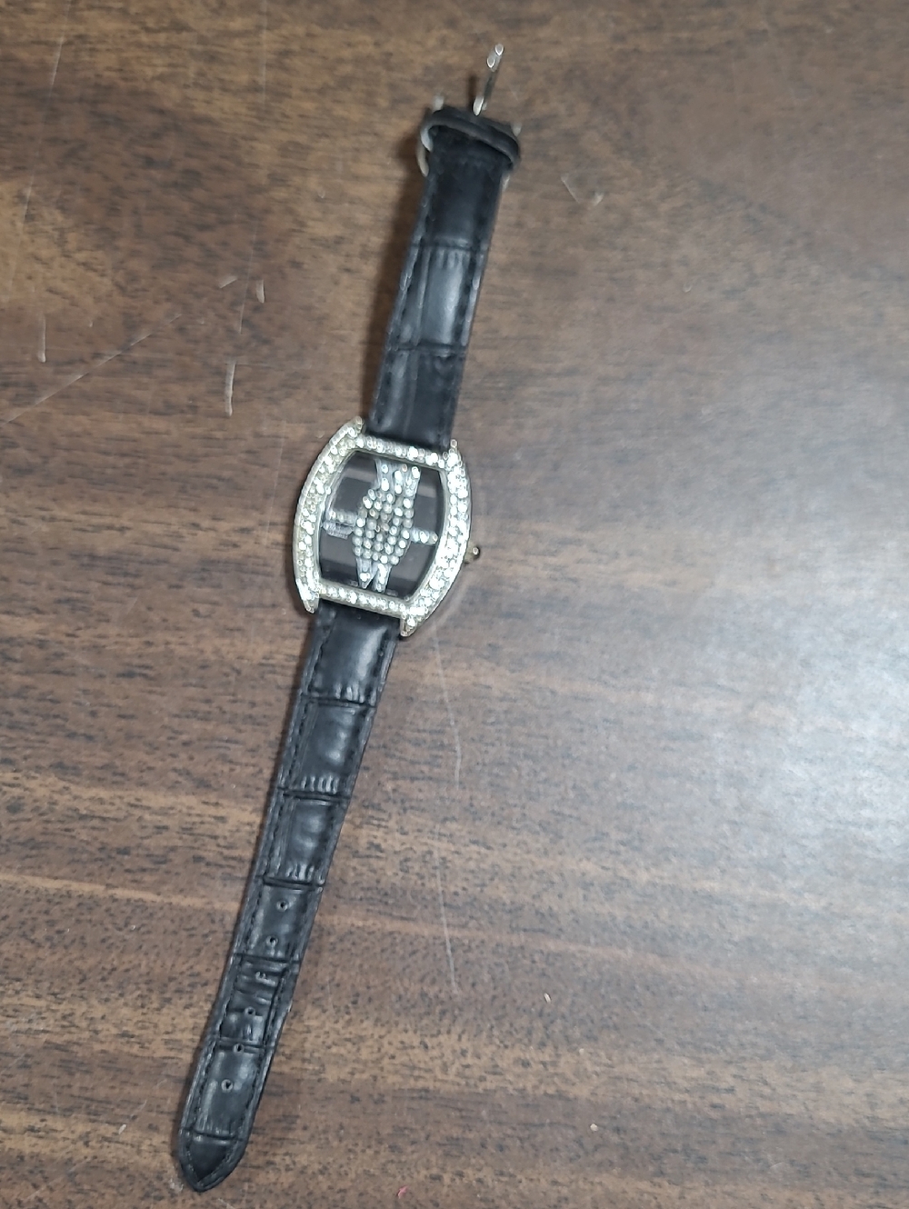 Crystal Accent Black Leather Strap Watch (Needs Battery)